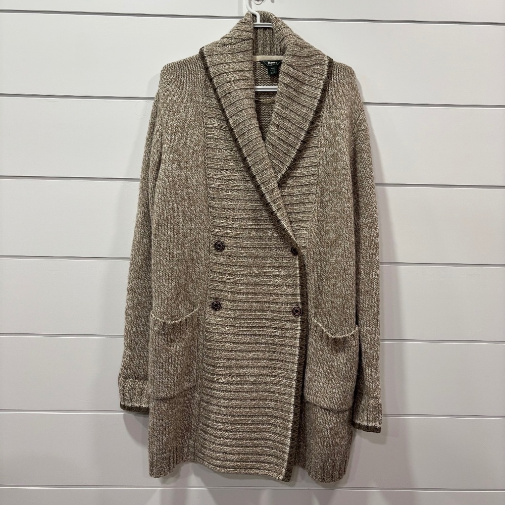 Roots women's oatmeal and white knit double breasted wool blend sweater size M